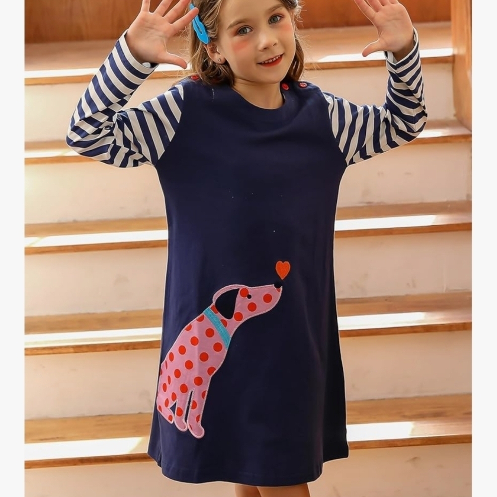Navy Blue Striped Kids Nightgown with Dog Design - Picture 4 of 10